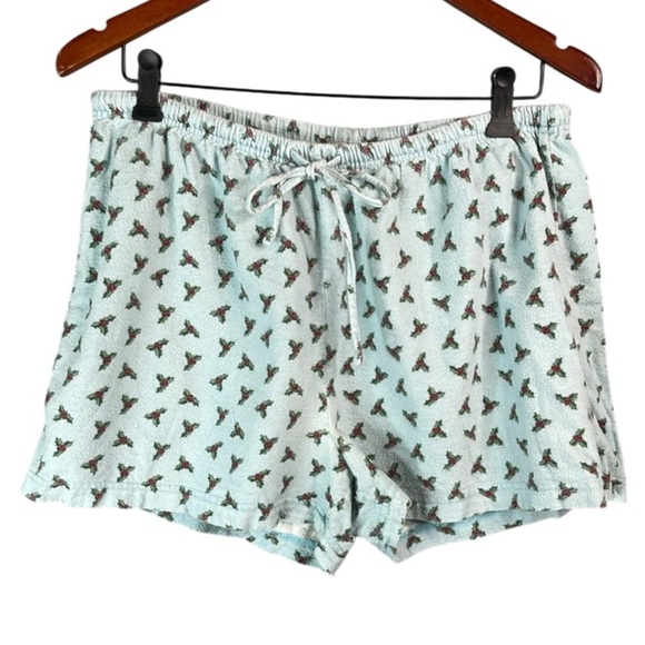 VINTAGE Holly Christmas Pajama Shorts Blue Flannel Drawstring Elastic Girls L 14 - Picture 2 of 8